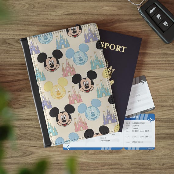 Mickey Mouse faces and castles Passport Cover | Retro Disney pattern passport holder personalised