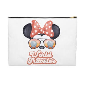 Trousse portaoggetti essenziale Disney Minnie Mouse Epcot World Traveler, trousse per il trucco, astuccio per cosmetici, astuccio da viaggio, astuccio con cerniera