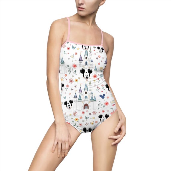 Castle and Mickey Heads pattern Swimsuit | Cute pastel castle print one-piece