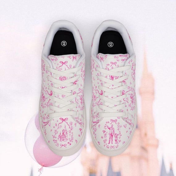 Disney Pink Toile Sneakers, Castle Print Shoes, Cute Park Outfit Trainers, Disney Cruise Shoes, Matching Outfit Available