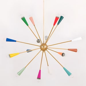 Multicolor Shade Sputnik Chandelier, Modern Italian 18-Light Brass Ceiling Fixture, Mid-Century Pendant Light Fixture