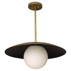 Modern Brass Pendant Light with Dome Shade & Opal Glass Globe – Mid Century Ceiling Lighting Fixture