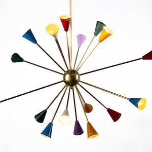 Multicolor Shade Sputnik Chandelier | Modern Italian 18-Light Brass Ceiling Fixture & Mid-Century Pendant Light