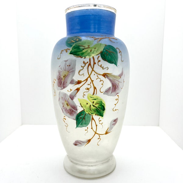 Grand vase rétro en verre dépoli à décor peinture émaillée fleurs début XXème - ancien vintage brocante style maison de campagne