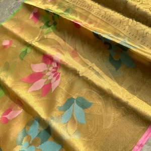 Celebrity Inspired Golden Banarasi Soft Meena Jaal Tissue Silk Saree | Wedding Party Wear | Elegant Festive & Bridal Wear | Celebrity Style
