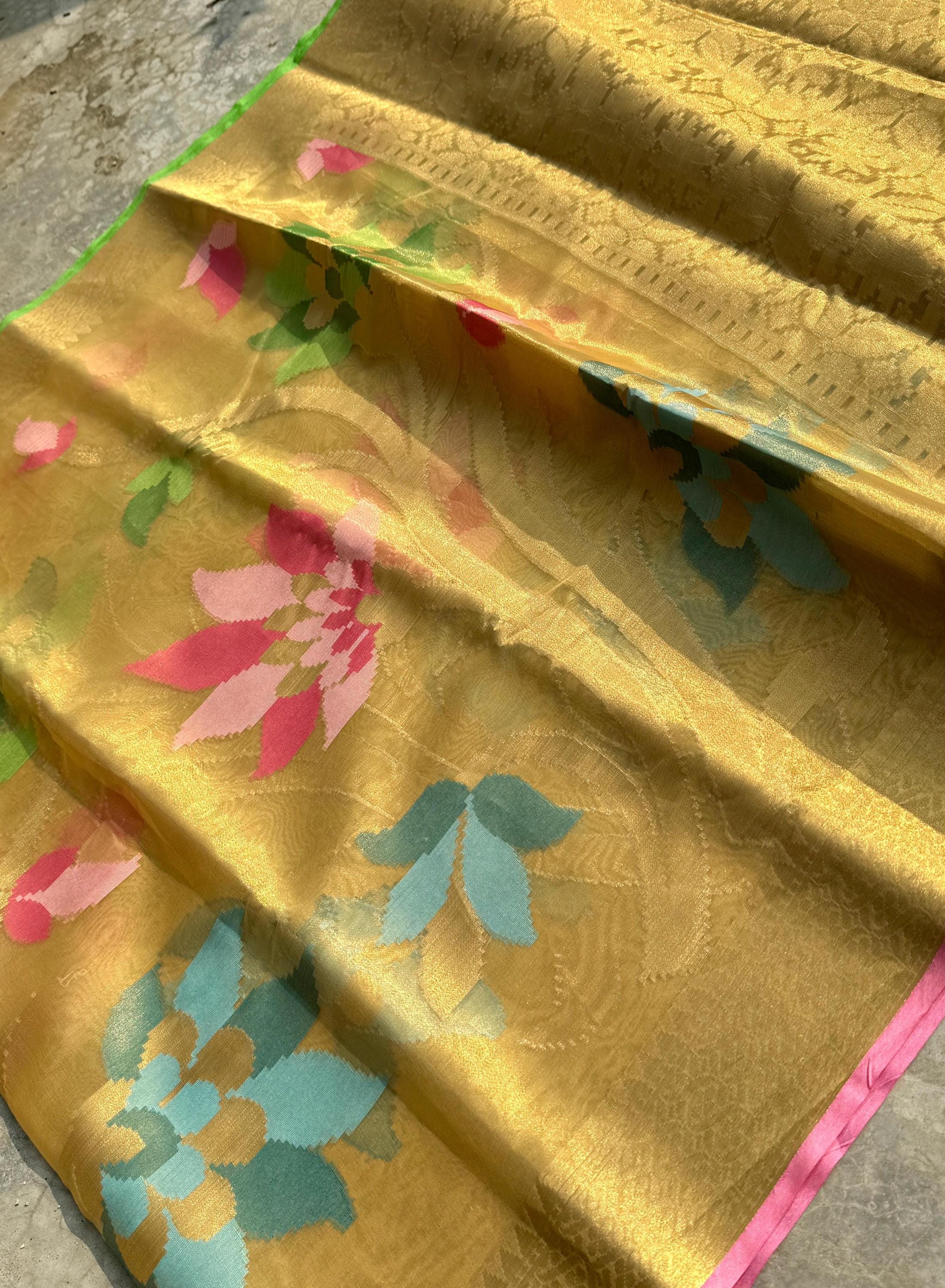 Golden Banarasi Meena Jaal Tissue Silk Saree: Elegant Wedding Bridal Wear