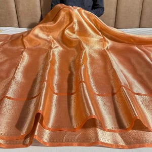 Celebrity Banarasi Kanjivaram Orange Tissue Silk Saree Zari Brocade, Bollywood Style | Indian Saree image 5