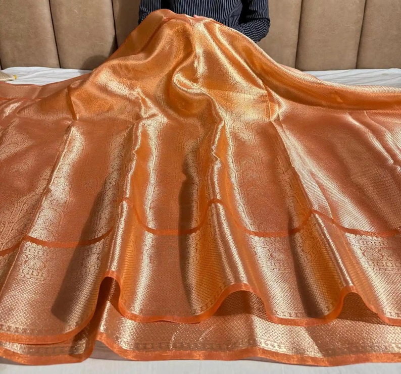 Celebrity Banarasi Kanjivaram Orange Tissue Silk Saree Zari Brocade, Bollywood Style | Indian Saree image 5