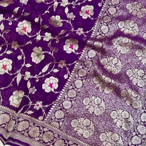 Banarasi Khaddi Georgette Saree: Meenakari Silver Zari Flowers