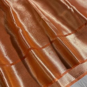 Celebrity Banarasi Kanjivaram Orange Tissue Silk Saree Zari Brocade, Bollywood Style | Indian Saree image 3