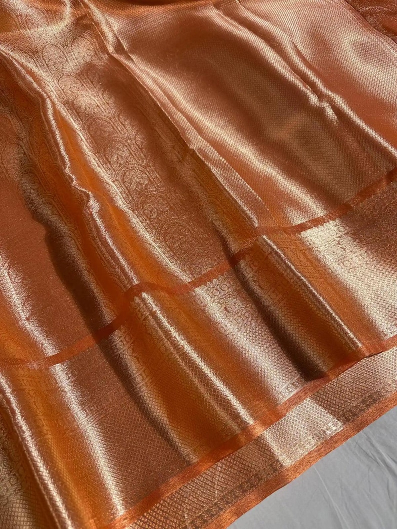 Celebrity Banarasi Kanjivaram Orange Tissue Silk Saree Zari Brocade, Bollywood Style | Indian Saree image 3