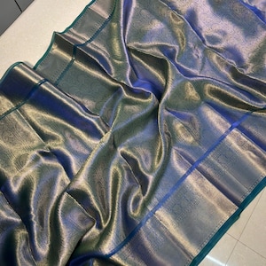 Celebrity Banarasi Kanjivaram Orange Tissue Silk Saree Zari Brocade, Bollywood Style | Indian Saree Blue mix