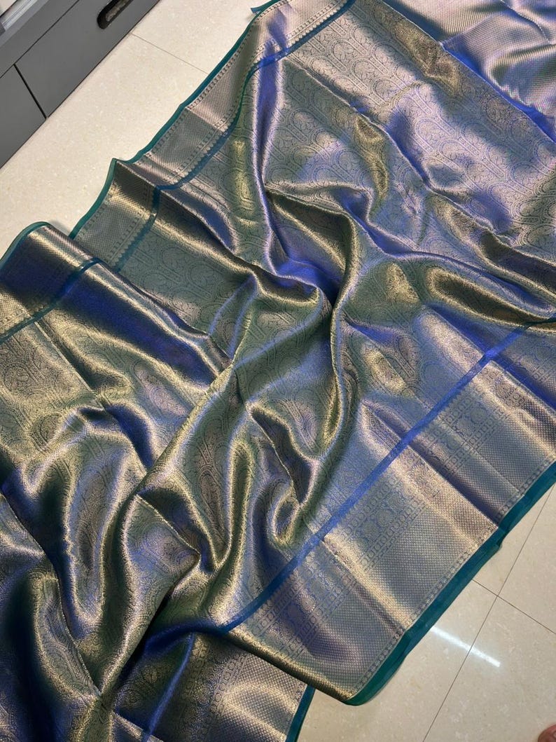 Celebrity Banarasi Kanjivaram Orange Tissue Silk Saree Zari Brocade, Bollywood Style | Indian Saree Blue mix