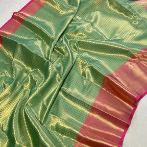 Green Banarasi Cotton Check  Tissue Silk Saree: Celebrity Inspired Wedding Wear