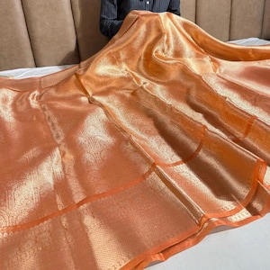 Celebrity Banarasi Kanjivaram Orange Tissue Silk Saree Zari Brocade, Bollywood Style | Indian Saree