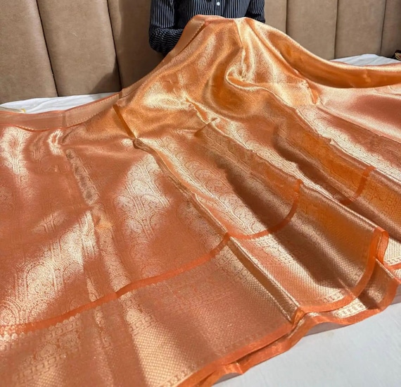 Celebrity Banarasi Kanjivaram Orange Tissue Silk Saree Zari Brocade, Bollywood Style | Indian Saree