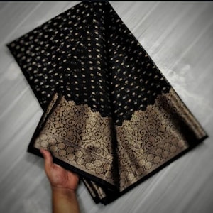 Promi inspiriert Statement handgemachte schwarze Farbe Banarasi Semi Katan Seide Saree | Benarasi Saris | Geschenke | Partykleidung Saree