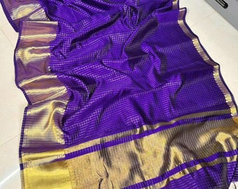 Royal Lila Banarasi Weicher Seide Saree, Goldene Zari Arbeit