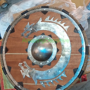 Medieval Dragon Shield, Round Shield, Viking round shield, Cosplay Battle Ready Shield, Wood & Steel Viking Round shield