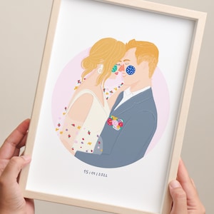 Custom Couple Illustration, Valentine&#39;s day, Couples gift, Anniversary, Digital File Only, Family Portrait, with pets, custom portrait