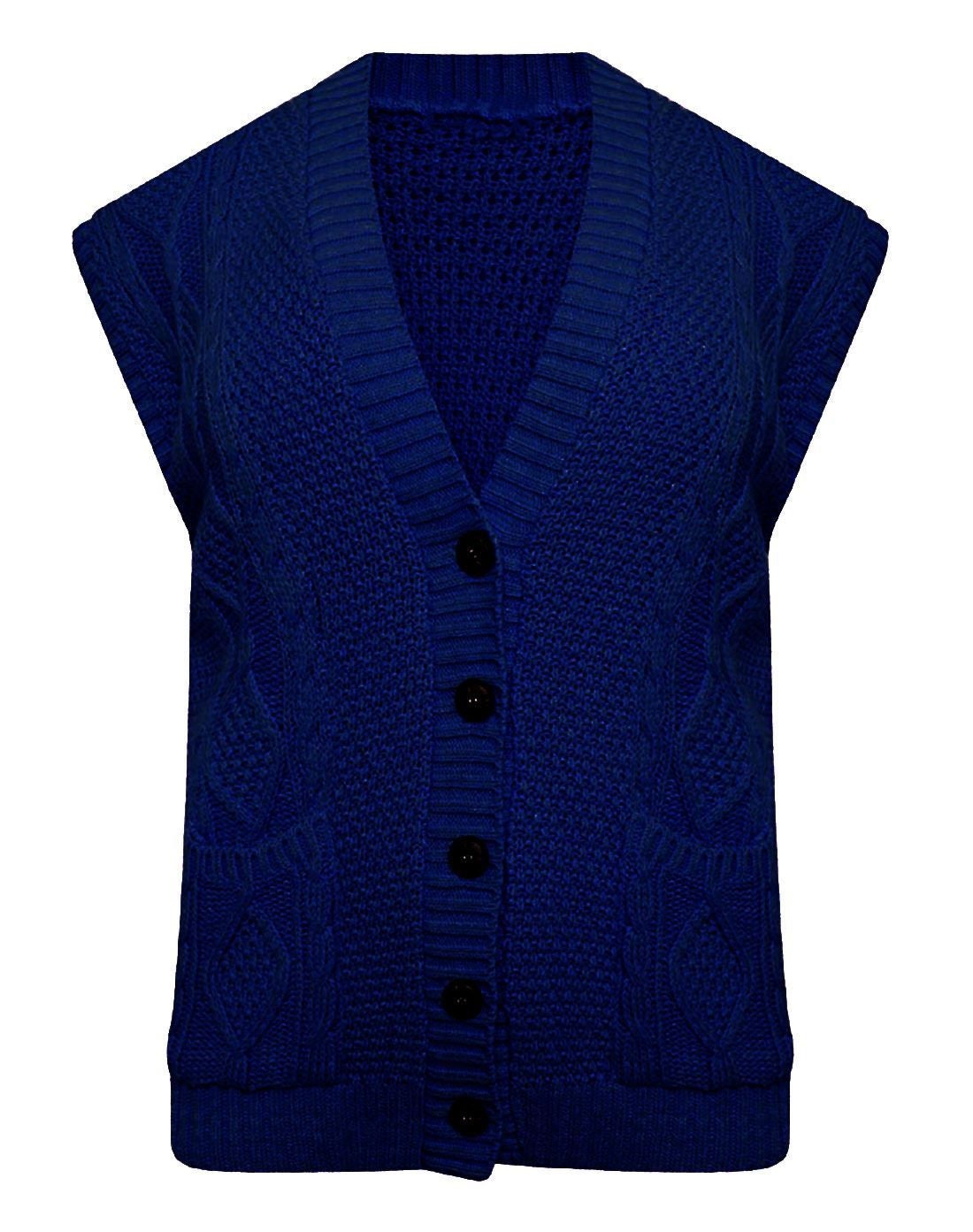 Ladies Cable Knitted Button Down Grandad Cardigan Womens Sleeveless ...