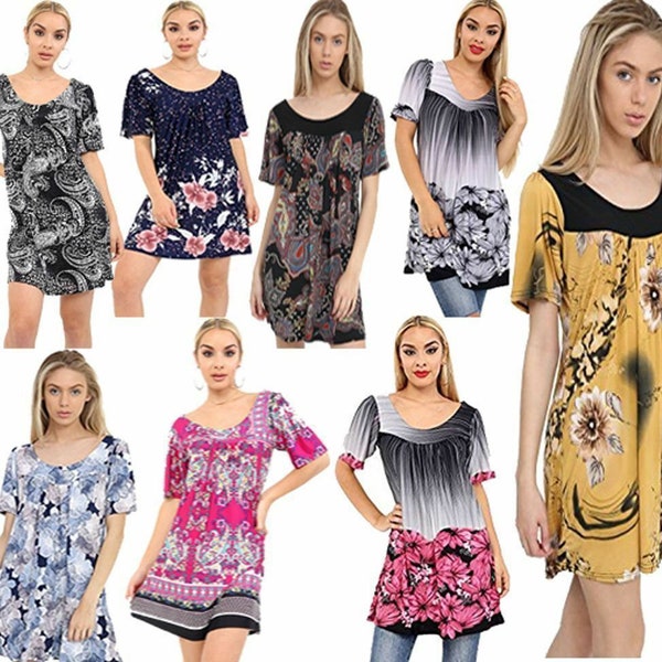 Ladies Long Stretch Smock Floral Print Tunic Top Womens Short Sleeve T Shirt