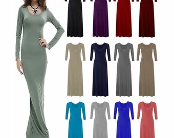 Womens Long Sleeves Plain Jersey Maxi Dress Ladies Scoop Neck Flared Stretchy Dress