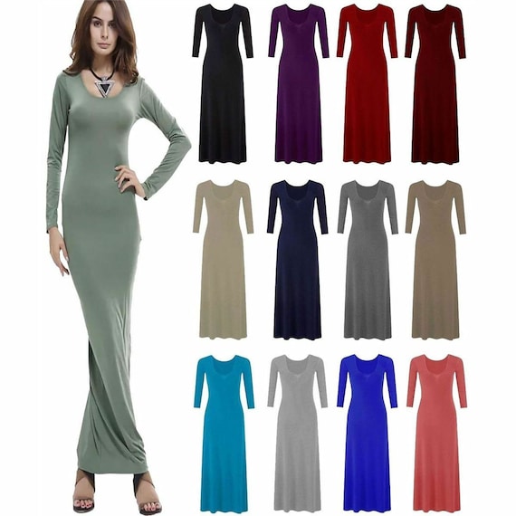 New Womens Plus Size Plain Long Jersey Scoop Neck Maxi Dress 8-26 New Womens Plus Size Plain Long Jersey Scoop Neck Maxi Dress 8-26