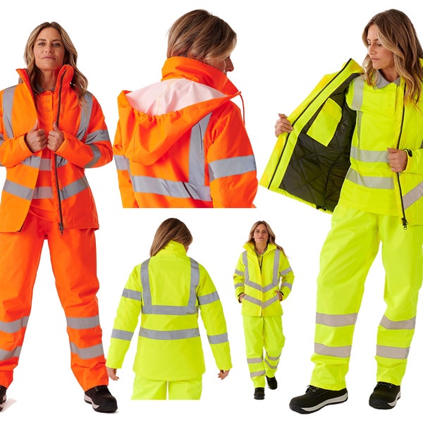 Womens Long Sleeve High Visibility Padded Safety jacket Ladies Detachable Hood Zip Up Coat
