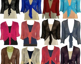 Ladies Open Front Knitted Tie Up Shrug Womens 3/4 Sleeve Plain Bolero Cardigan