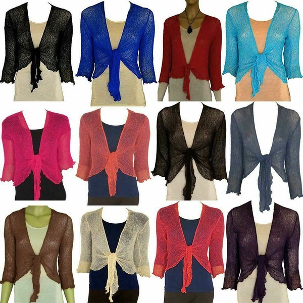 Ladies Open Front Knitted Tie Up Shrug Womens 3/4 Sleeve Plain Bolero Cardigan