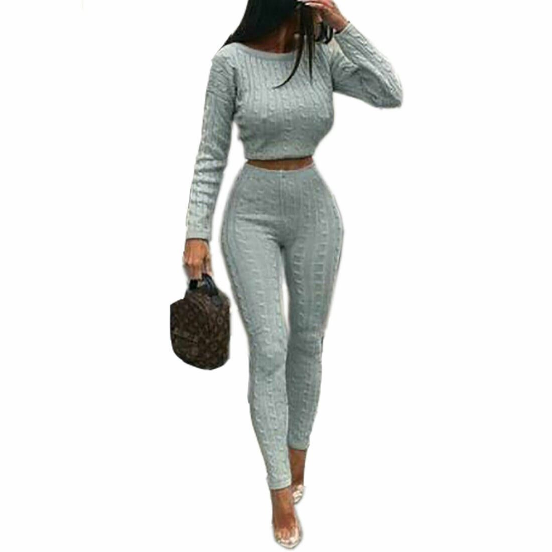 Ladies Chunky Cable Knitted Co Ord Fitted Top Leggings Set Womens ...