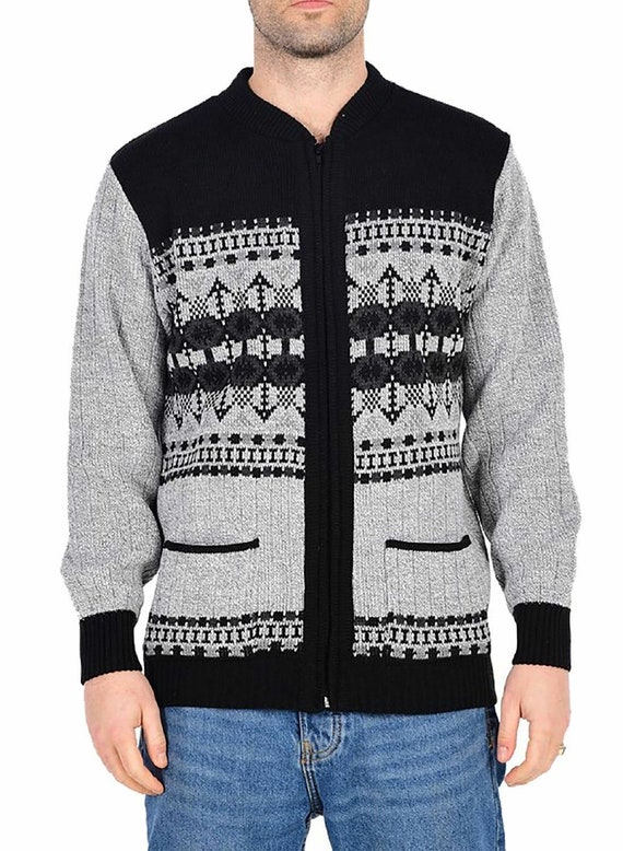 RainbowMartShop Adults Knitted Argyle Print Grandad Cardigan Mens Long Sleeve Plain Zip Up Sweater