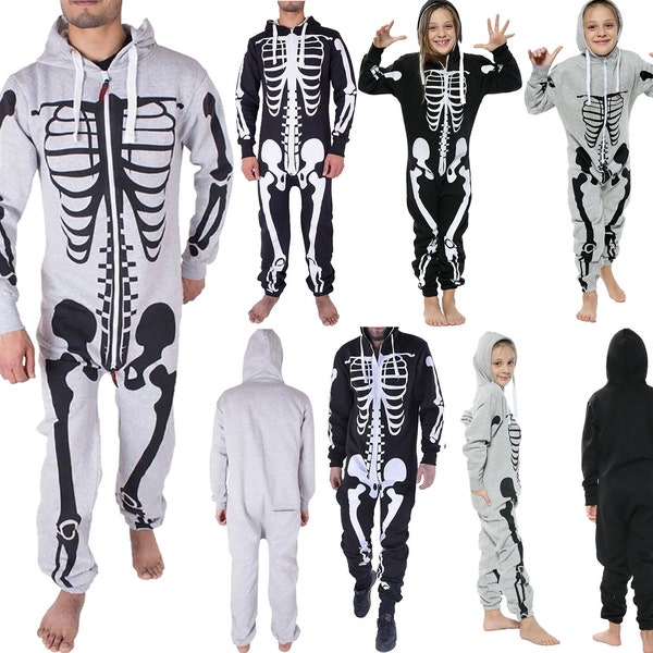 Mono con capucha y cremallera con estampado de esqueleto para hombre, traje de fiesta de Halloween de manga larga para niños Unsiex