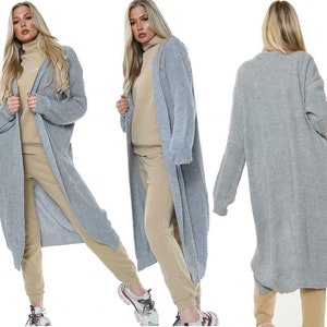 Ladies Grey Cable Knitted Longline Cardigan Womens Open Front Winter Wear Long Sweater