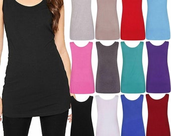 Ladies Scoop Neck Sleeveless Long Stretch Vest Top Womens Plain Strappy T Shirt