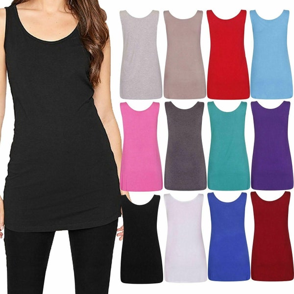 Ladies Scoop Neck Sleeveless Long Stretch Vest Top Womens Plain Strappy T Shirt