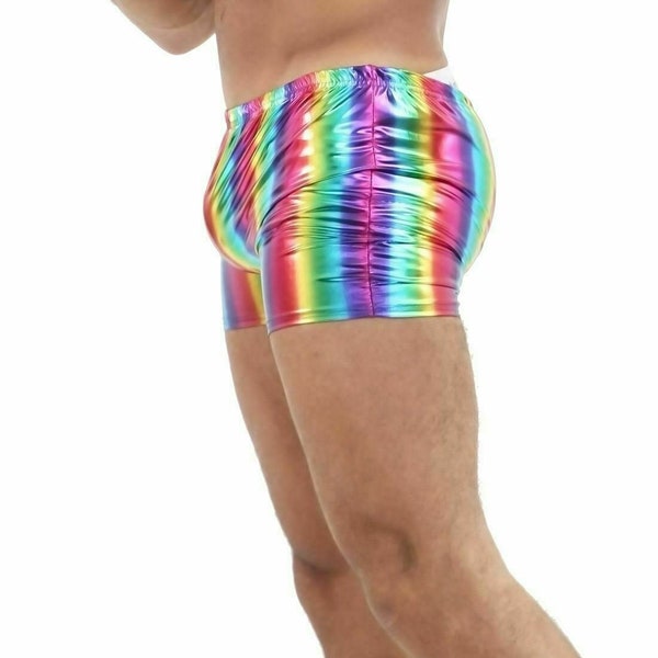 Herren Damen Regenbogen Metallic Glänzende Hot Pants Erwachsene Wet Look Disco Party Shorts