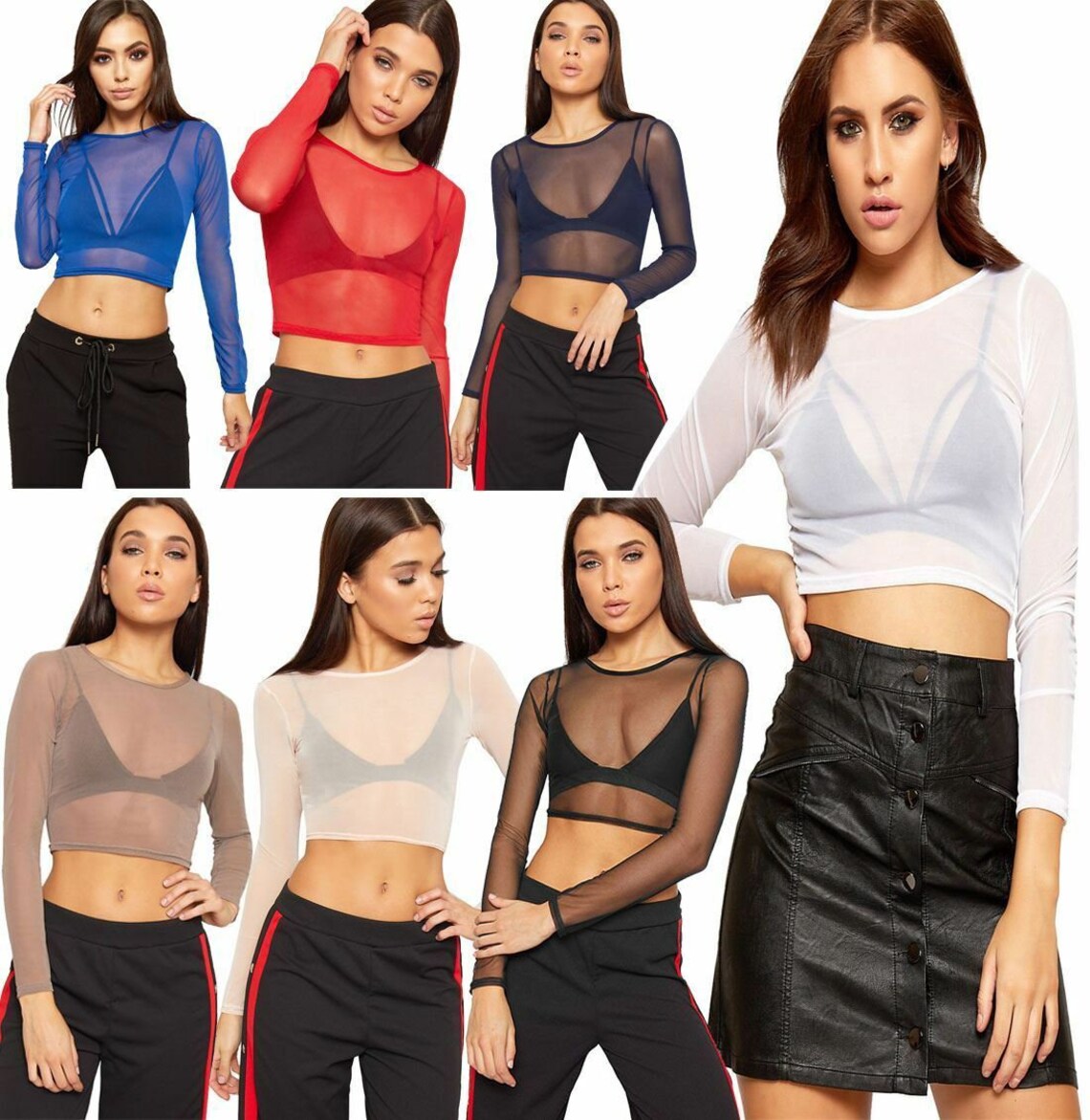 Ladies Sheer Mesh Long Sleeve Cropped Top Womens See Through Etsy UK