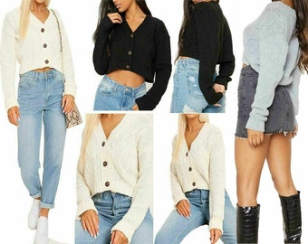 Womens Long Sleeve Cable Knitted 3 Button Crop Cardigan Ladies Cropped Sweater Top