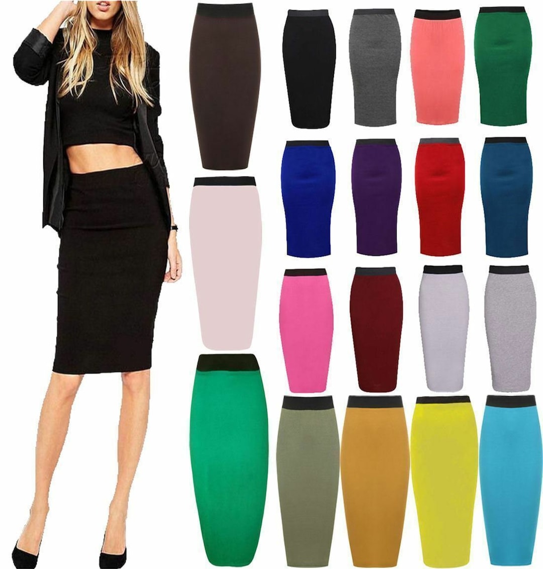 Ladies Plain Bodycon Pencil Midi Skirt Womens Stretchy Tube - Etsy UK