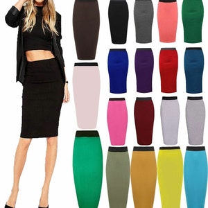 Ladies Plain Bodycon Pencil Midi Skirt Womens Stretchy Tube Wiggle Office Skirt