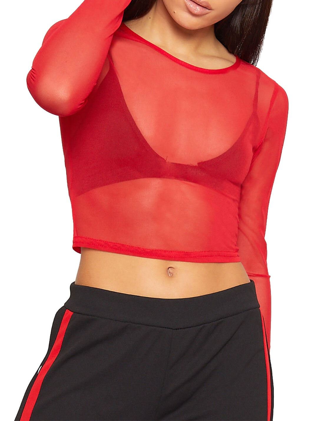 Ladies Sheer Mesh Long Sleeve Cropped Top Womens See Through Etsy UK