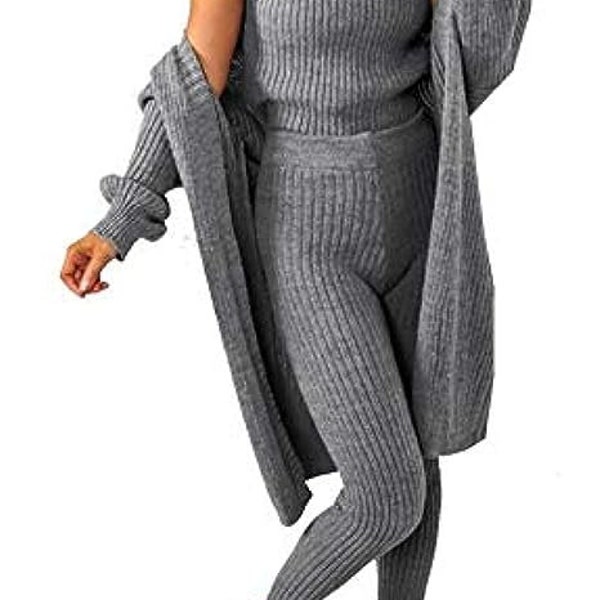 Women's 3 Piece Roll Neck Chunky Knitted Tracksuit Ladies Ribbed Cardigan Top Leggings Loungewear Suit