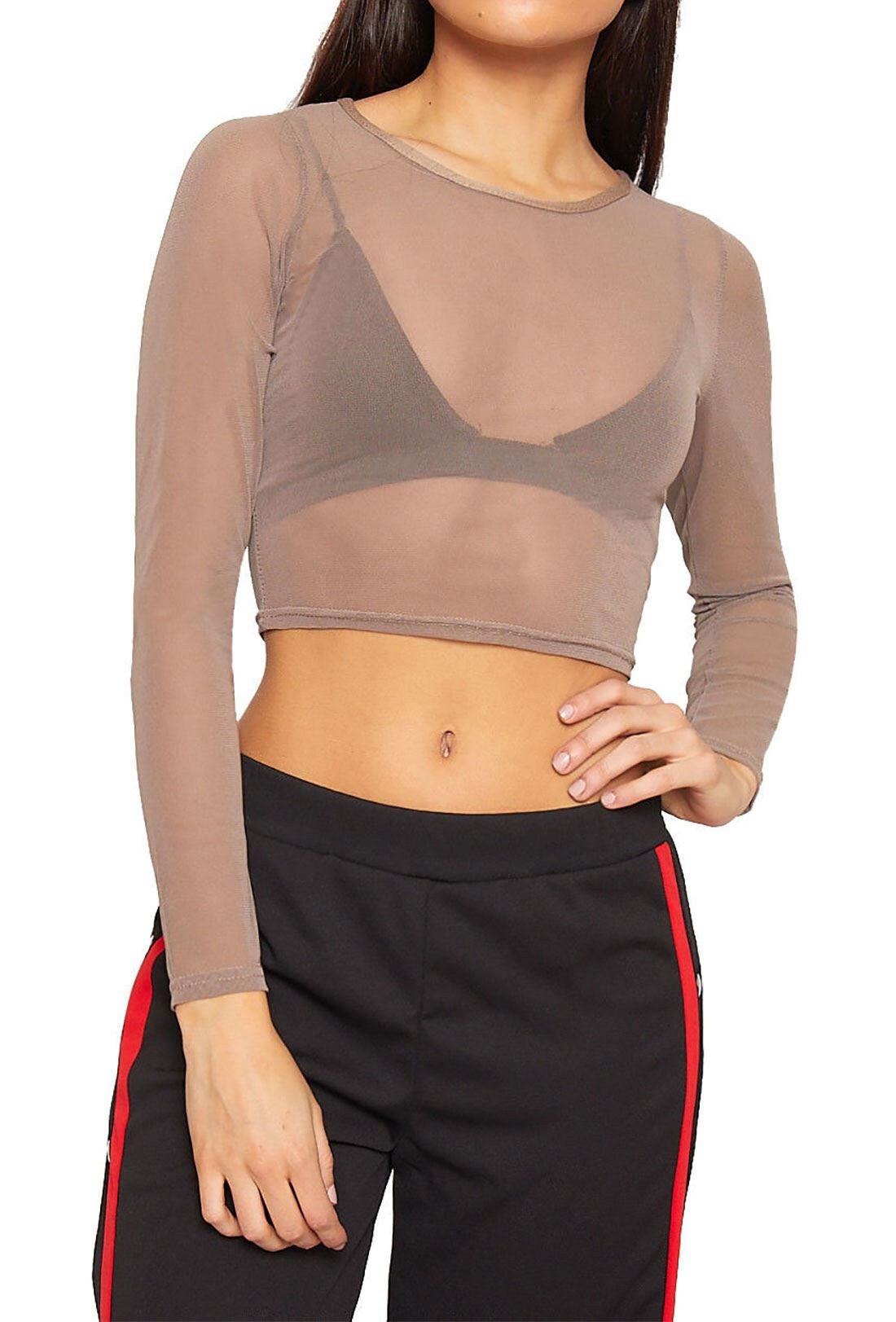 Ladies Sheer Mesh Long Sleeve Cropped Top Womens See Through Etsy UK