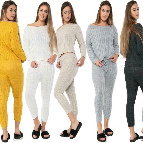 Womens Cable Knitted Baggy 2 Pieces Lounge Wear Suit Set Ladies Casual Tracksuit