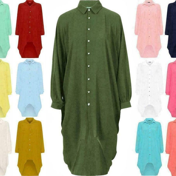 Ladies Button Collar Dip Hem Hi Low Dress Womens Plain Long Sleeve Shirt