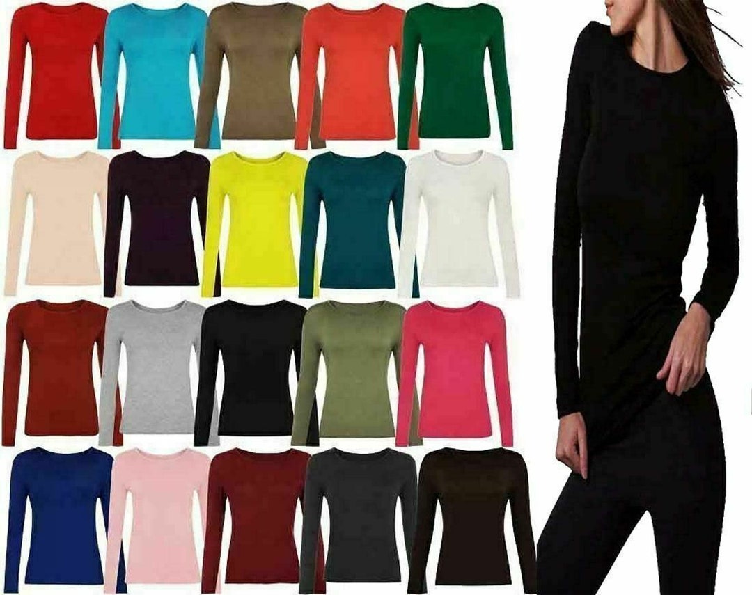 Women's Long Sleeve Ribbed Knit T-Shirt - Soft Stretchy Round Neck Basic Top For Everyday