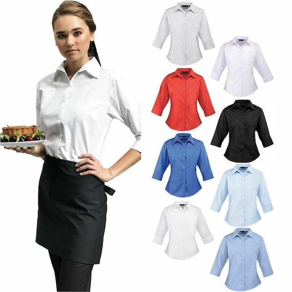 Ladies 3/4 Sleeves Plain Poplin Collared Shirt Womens Button Down Office Formal Work Wear Top