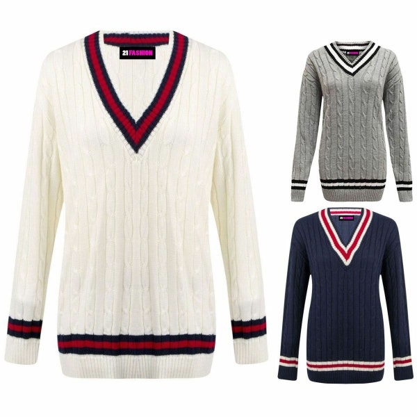 Womens Long Sleeve Cable Knitted Cricket Jumper Ladies V Neck Plain Sweater Top